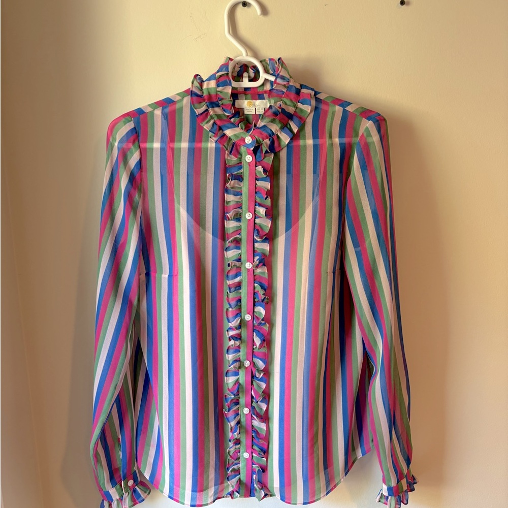 Boden multi-stripe long sleeve ruffled neck and front blouse/detachable camisole